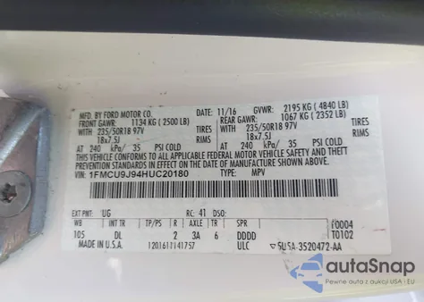 2017 Ford Escape Titanium z USA, uszkodzony, nr VIN 1FMCU9J94HUC20180